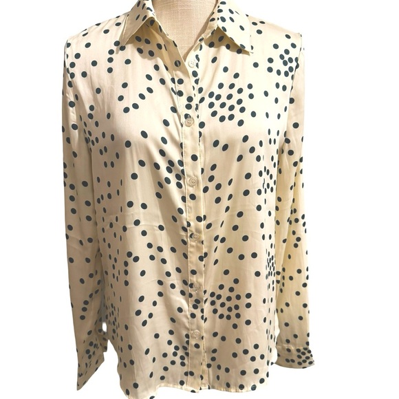 Francesca’s Audrey Parks Satin Button Down Blouse in Cream & Forest Green - Picture 1 of 9